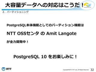 32Copyright©2016 NTT corp. All Rights Reserved.
⼤容量データへの対応はこうだ！
２．パーティショニング
PostgreSQL本体機能としてのパーティション機能は
NTT OSSセンタ の Amit Langote
が全⼒開発中！
PostgreSQL 10 をお楽しみに！
 