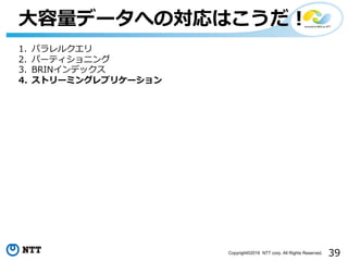 39Copyright©2016 NTT corp. All Rights Reserved.
⼤容量データへの対応はこうだ！
1. パラレルクエリ
2. パーティショニング
3. BRINインデックス
4. ストリーミングレプリケーション
 