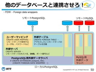 50Copyright©2016 NTT corp. All Rights Reserved.
他のデータベースと連携させろ！
・FDW - Foreign data wrappers
ローカルPostgreSQL
リモートPostgreSQL リモートMySQL
PostgreSQL⽤外部データラッパ
# CREATE EXTENSION postgres_fdw;
(CREATE FOREIGN DATA WRAPPER …)
MySQL⽤
外部データ
ラッパ
外部サーバ
CREATE SERVER …
リモートサーバのホスト名、DB名、ポート番号など
ユーザーマッピング
CREATE USER MAPPING …
リモートサーバで使⽤する
ユーザ名、パスワードなど
外部テーブル
CREATE FOREIGN TABLE …
アクセスしたいリモートサーバの
テーブルを定義
 