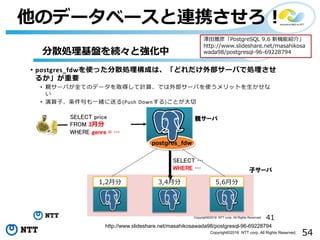 54Copyright©2016 NTT corp. All Rights Reserved.
他のデータベースと連携させろ！
http://www.slideshare.net/masahikosawada98/postgresql-96-69228794
澤⽥雅彦「PostgreSQL 9.6 新機能紹介」
http://www.slideshare.net/masahikosa
wada98/postgresql-96-69228794
 