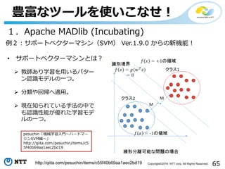 65Copyright©2016 NTT corp. All Rights Reserved.
豊富なツールを使いこなせ！
１．Apache MADlib (Incubating)
例２：サポートベクターマシン（SVM） Ver.1.9.0 からの新機能！
• サポートベクターマシンとは？
http://qiita.com/pesuchin/items/c55f40b69aa1aec2bd19
Ø 教師あり学習を⽤いるパター
ン認識モデルの⼀つ。
Ø 分類や回帰へ適⽤。
Ø 現在知られている⼿法の中で
も認識性能が優れた学習モデ
ルの⼀つ。
pesuchin「機械学習⼊⾨〜ハードマー
ジンSVM編〜」
http://qiita.com/pesuchin/items/c5
5f40b69aa1aec2bd19
 
