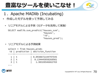 70Copyright©2016 NTT corp. All Rights Reserved.
豊富なツールを使いこなせ！
１．Apache MADlib (Incubating)
• リニアモデルによる予測結果
select * from houses_pred;
id | prediction | decision_function
----+------------+--------------------
1 | t | 0.0938672144797545
2 | t | 0.134445050268981
3 | t | 1.90320546662703
...
• 作成したモデルを使って予測してみる
• リニアモデルによる予測（元データを流⽤して実施）
SELECT madlib.svm_predict('houses_svm',
'houses',
'id',
'houses_pred');
 