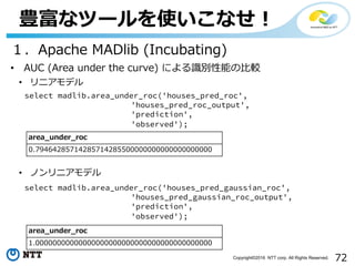 72Copyright©2016 NTT corp. All Rights Reserved.
豊富なツールを使いこなせ！
１．Apache MADlib (Incubating)
• AUC (Area under the curve) による識別性能の⽐較
select madlib.area_under_roc('houses_pred_roc',
'houses_pred_roc_output',
'prediction',
'observed');
area_under_roc
0.79464285714285714285500000000000000000000
• リニアモデル
select madlib.area_under_roc('houses_pred_gaussian_roc',
'houses_pred_gaussian_roc_output',
'prediction',
'observed');
• ノンリニアモデル
area_under_roc
1.00000000000000000000000000000000000000000
 