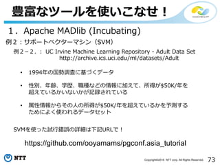 73Copyright©2016 NTT corp. All Rights Reserved.
豊富なツールを使いこなせ！
１．Apache MADlib (Incubating)
例２­２. ： UC Irvine Machine Learning Repository - Adult Data Set
http://archive.ics.uci.edu/ml/datasets/Adult
• 1994年の国勢調査に基づくデータ
• 性別、年齢、学歴、職種などの情報に加えて、所得が$50K/年を
超えているかいないかが記録されている
• 属性情報からその⼈の所得が$50K/年を超えているかを予測する
ためによく使われるデータセット
例２：サポートベクターマシン（SVM）
SVMを使った試⾏錯誤の詳細は下記URLで！
https://github.com/ooyamams/pgconf.asia_tutorial
 