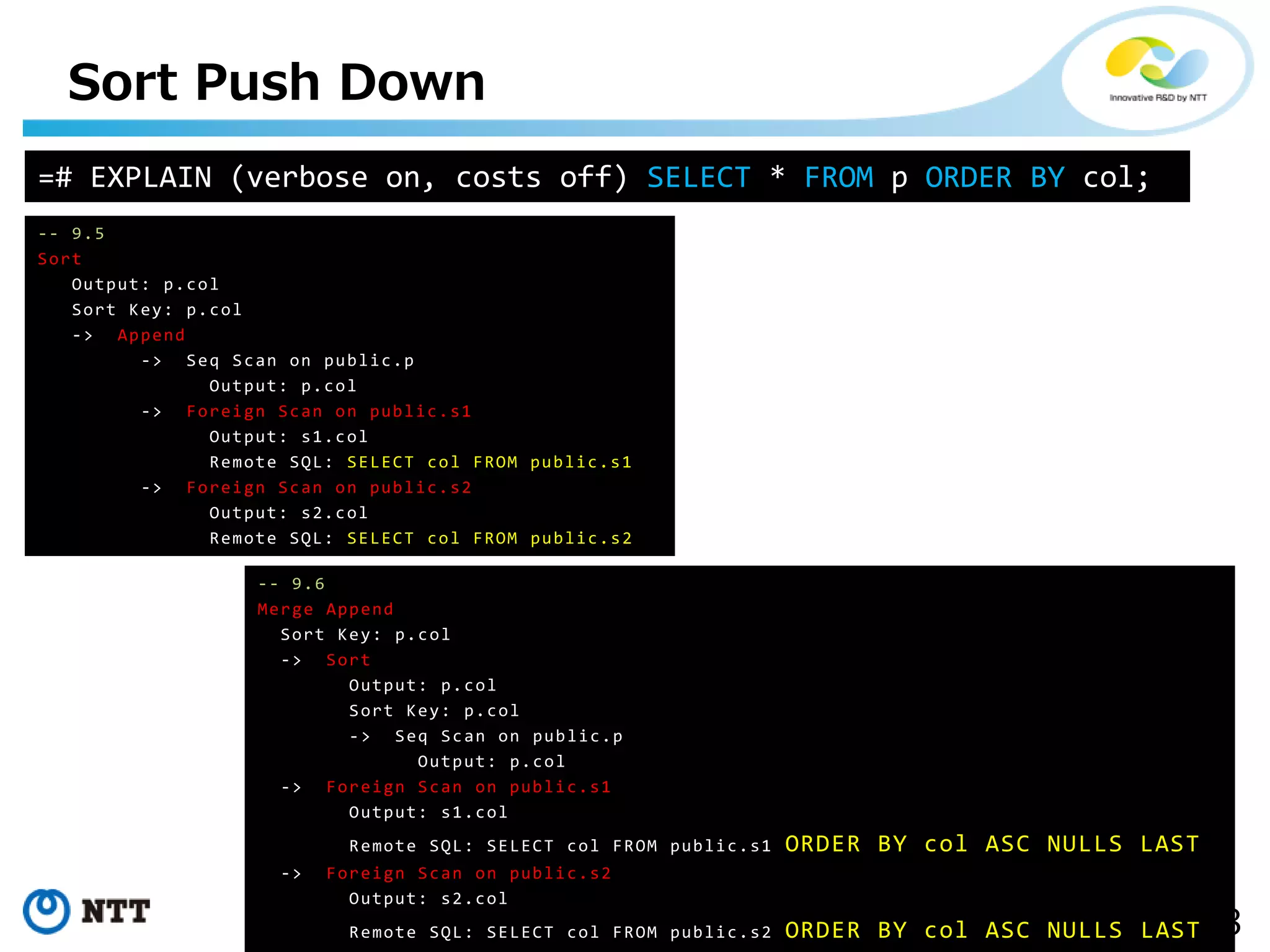 18Copyright©2017 NTT corp. All Rights Reserved. Sort Push Down -- 9.5 Sort Output: p.col Sort Key: p.col -> Append -> Seq Scan on public.p Output: p.col -> Foreign Scan on public.s1 Output: s1.col Remote SQL: SELECT col FROM public.s1 -> Foreign Scan on public.s2 Output: s2.col Remote SQL: SELECT col FROM public.s2 -- 9.6 Merge Append Sort Key: p.col -> Sort Output: p.col Sort Key: p.col -> Seq Scan on public.p Output: p.col -> Foreign Scan on public.s1 Output: s1.col Remote SQL: SELECT col FROM public.s1 ORDER BY col ASC NULLS LAST -> Foreign Scan on public.s2 Output: s2.col Remote SQL: SELECT col FROM public.s2 ORDER BY col ASC NULLS LAST =# EXPLAIN (verbose on, costs off) SELECT * FROM p ORDER BY col; 