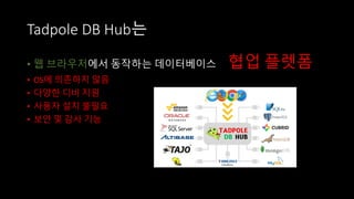 Tadpole	DB	Hub는
• 웹 브라우저에서 동작하는 데이터베이스 협업 플렛폼
• OS에 의존하지 않음
• 다양한 디비 지원
• 사용자 설치 불필요
• 보안 및 감사 기능
 