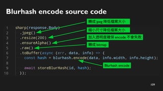110
Blurhash encode source code
轉成 jpeg 降低檔案大小
縮小尺寸降低檔案大小
加入透明度確保 encode 不會失敗
轉成 bitmap
Blurhash encode
將 blurhash 存入資料庫
 