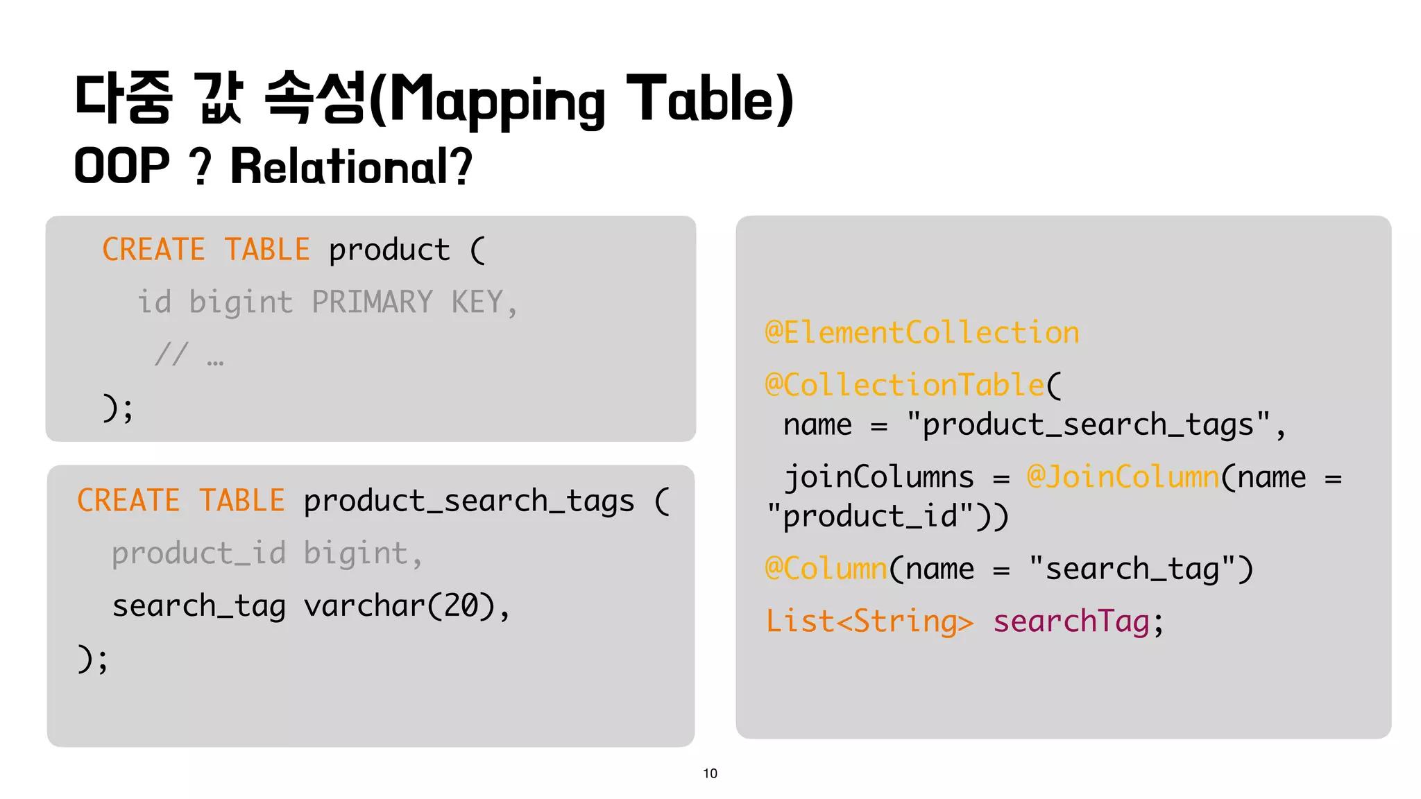 OOP ? Relational?
다중 값 속성(Mapping Table)
10
CREATE TABLE product (
id bigint PRIMARY KEY,
// …
);
CREATE TABLE product_search_tags (
product_id bigint,
search_tag varchar(20),
);
@ElementCollection
@CollectionTable(
name = "product_search_tags",
joinColumns = @JoinColumn(name =
"product_id"))
@Column(name = "search_tag")
List<String> searchTag;
 