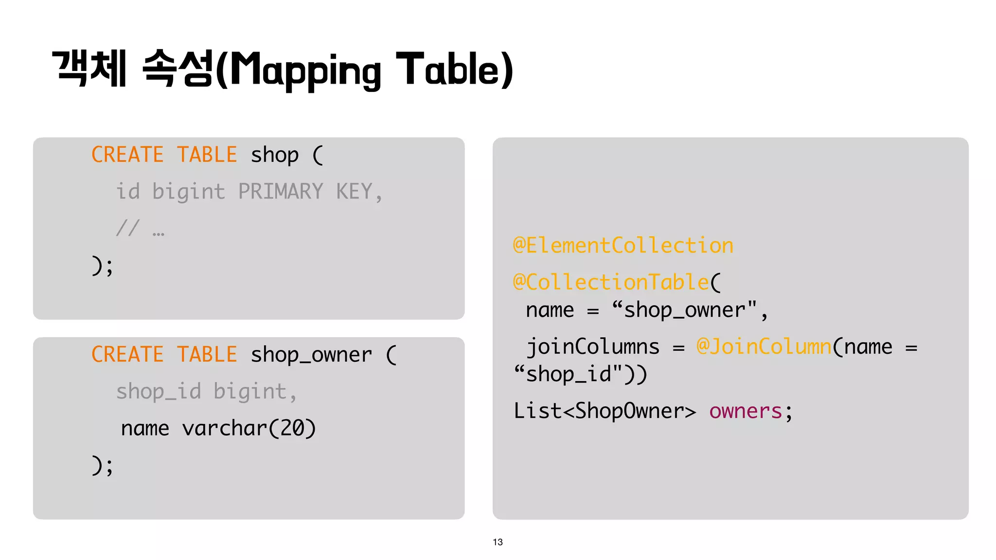 객체 속성(Mapping Table)
13
CREATE TABLE shop (
id bigint PRIMARY KEY,
// …
);
CREATE TABLE shop_owner (
shop_id bigint,
name varchar(20)
);
@ElementCollection
@CollectionTable(
name = “shop_owner",
joinColumns = @JoinColumn(name =
“shop_id"))
List<ShopOwner> owners;
 