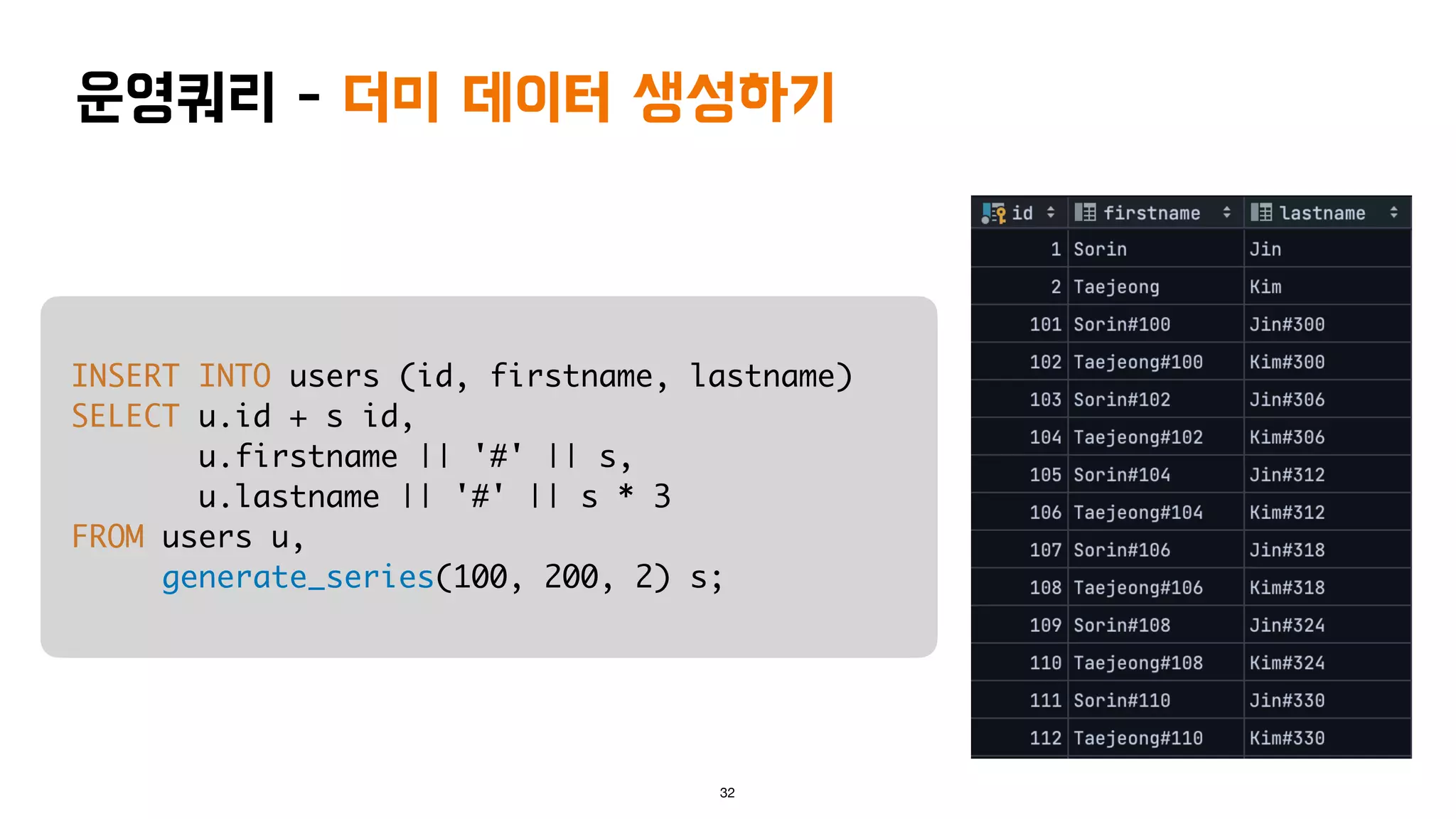 운영쿼리 - 더미 데이터 생성하기
32
INSERT INTO users (id, firstname, lastname)
SELECT u.id + s id,
u.firstname || '#' || s,
u.lastname || '#' || s * 3
FROM users u,
generate_series(100, 200, 2) s;
 