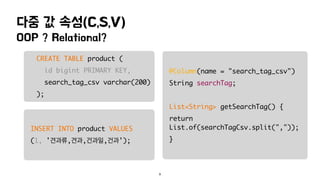 OOP ? Relational?
다중 값 속성(C,S,V)
9
CREATE TABLE product (
id bigint PRIMARY KEY,
search_tag_csv varchar(200)
);
INSERT INTO product VALUES
(1, '견과류,견과,건과일,건과');
@Column(name = "search_tag_csv")
String searchTag;
List<String> getSearchTag() {
return
List.of(searchTagCsv.split(","));
}
 