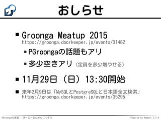PGroongaの実装 - ぴーじーるんがのじっそう Powered by Rabbit 2.1.9
おしらせ
Groonga Meatup 2015
https://groonga.doorkeeper.jp/events/31482
PGr...