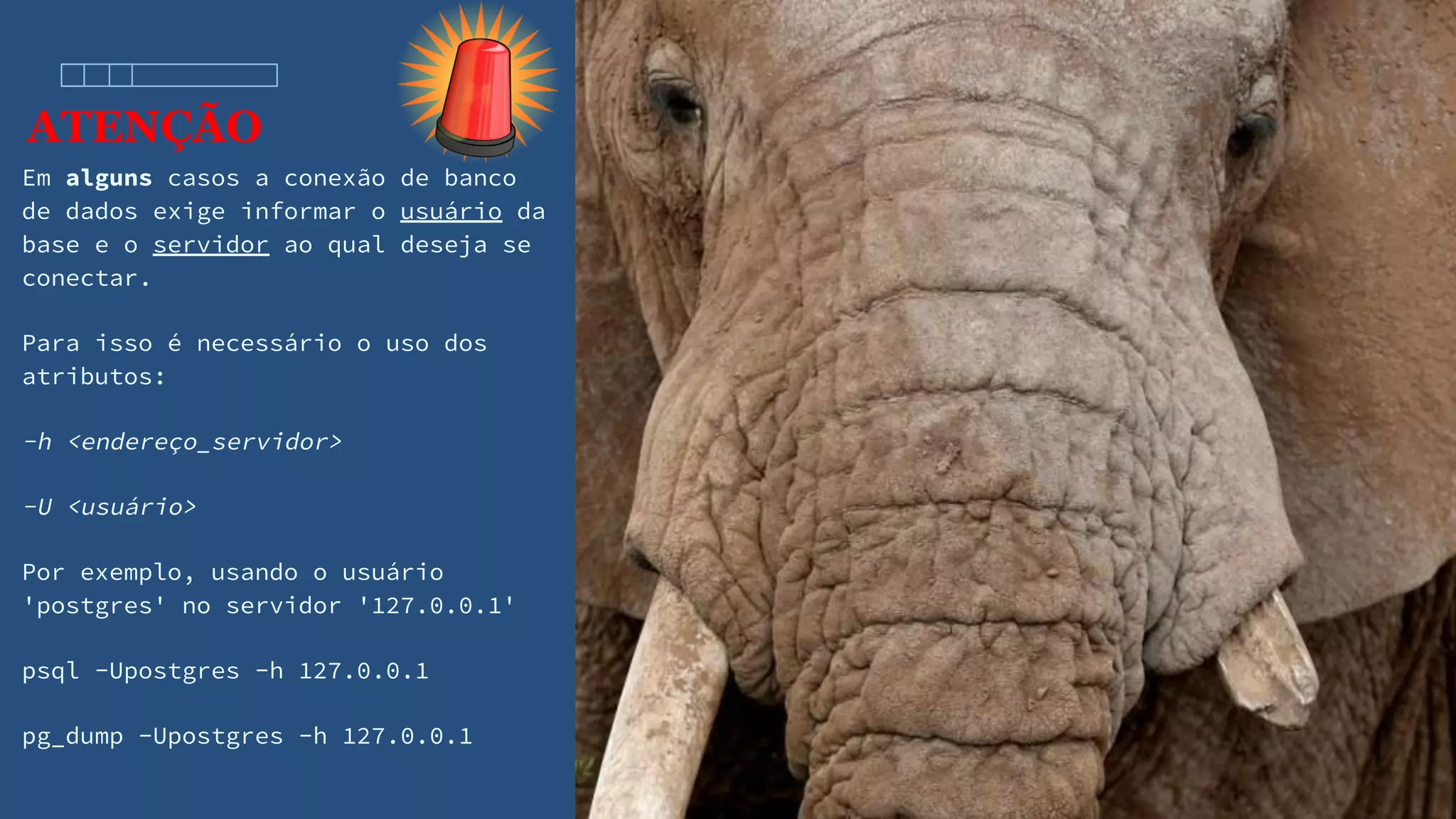 ATENÇÃO
Em alguns casos a conexão de banco
de dados exige informar o usuário da
base e o servidor ao qual deseja se
conectar.
Para isso é necessário o uso dos
atributos:
-h <endereço_servidor>
-U <usuário>
Por exemplo, usando o usuário
'postgres' no servidor '127.0.0.1'
psql -Upostgres -h 127.0.0.1
pg_dump -Upostgres -h 127.0.0.1
 