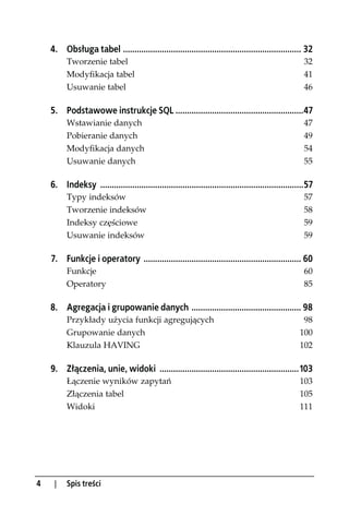 4. Obsługa tabel .............................................................................. 32
          Tworzenie tabel                                                                             32
          Modyfikacja tabel                                                                           41
          Usuwanie tabel                                                                              46

    5. Podstawowe instrukcje SQL ........................................................47
          Wstawianie danych                                                                           47
          Pobieranie danych                                                                           49
          Modyfikacja danych                                                                          54
          Usuwanie danych                                                                             55

    6. Indeksy .........................................................................................57
          Typy indeksów                                                                               57
          Tworzenie indeksów                                                                          58
          Indeksy częściowe                                                                           59
          Usuwanie indeksów                                                                           59

    7. Funkcje i operatory ..................................................................... 60
          Funkcje                                                                                     60
          Operatory                                                                                   85

    8. Agregacja i grupowanie danych ................................................ 98
          Przykłady użycia funkcji agregujących                                                      98
          Grupowanie danych                                                                         100
          Klauzula HAVING                                                                           102

    9. Złączenia, unie, widoki .............................................................103
          Łączenie wyników zapytań                                                                  103
          Złączenia tabel                                                                           105
          Widoki                                                                                    111




4    |    Spis treści
 