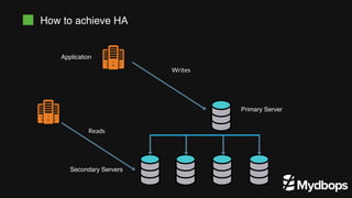 How to achieve HA
Application
Primary Server
Writes
Secondary Servers
Reads
 