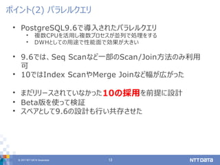 © 2017 NTT DATA Corporation 13
• PostgreSQL9.6で導入されたパラレルクエリ
• 複数CPUを活用し複数プロセスが並列で処理をする
• DWHとしての用途で性能面で効果が大きい
• 9.6では、Seq Scanなど一部のScan/Join方法のみ利用
可
• 10ではIndex ScanやMerge Joinなど幅が広がった
• まだリリースされていなかった10の採用を前提に設計
• Beta版を使って検証
• スペアとして9.6の設計も行い共存させた
ポイント(2) パラレルクエリ
 