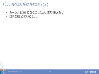 © 2017 NTT DATA Corporation 32
• カーソルは使わなくなったが、まだ使えない
• ログを眺めていると。。
パラレルクエリが効かない!?(2)
 