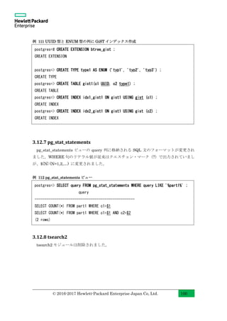 © 2016-2017 Hewlett-Packard Enterprise Japan Co, Ltd. 100
例 111 UUID 型と ENUM 型の列に GiST インデックス作成
3.12.7 pg_stat_statements
pg_stat_statements ビューの query 列に格納される SQL 文のフォーマットが変更され
ました。WHERE 句のリテラル値が従来はクエスチョン・マーク（?）で出力されていまし
が、${N} (N=1,2,…) に変更されました。
例 112 pg_stat_statements ビュー
3.12.8 tsearch2
tsearch2 モジュールは削除されました。
postgres=# CREATE EXTENSION btree_gist ;
CREATE EXTENSION
postgres=> CREATE TYPE type1 AS ENUM ('typ1', 'typ2', 'typ3') ;
CREATE TYPE
postgres=> CREATE TABLE gist1(c1 UUID, c2 type1) ;
CREATE TABLE
postgres=> CREATE INDEX idx1_gist1 ON gist1 USING gist (c1) ;
CREATE INDEX
postgres=> CREATE INDEX idx2_gist1 ON gist1 USING gist (c2) ;
CREATE INDEX
postgres=> SELECT query FROM pg_stat_statements WHERE query LIKE '%part1%' ;
query
--------------------------------------------------
SELECT COUNT(*) FROM part1 WHERE c1=$1
SELECT COUNT(*) FROM part1 WHERE c1=$1 AND c2=$2
(2 rows)
 