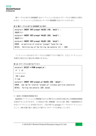 © 2016-2017 Hewlett-Packard Enterprise Japan Co, Ltd. 17
親テーブルに対する INSERT 文はパーティション化された子テーブルに自動的に分割さ
れます。パーティションに含まれないデータの INSERT 文はエラーになります。
例 9 親テーブルに対する INSERT 文の実行
パーティション化された子テーブルにも直接アクセス可能です。ただしパーティション
対象列で指定された値以外は格納できません。
例 10 子テーブルに対するアクセス
□ 範囲の UNBOUNDED 指定
RANGE パーティションの FROM 句または TO 句には具体的な値以外に UNBOUNDED
を指定することができます。この指定は下限（FROM）または上限（TO）の範囲制限を行
わないパーティションを作成できます。下記の例では prange1 テーブルのパーティション
として、100 未満の値と 100 以上の値で２つのテーブルを指定しています。
postgres=> SELECT * FROM prange1_a1 ;
c1 | c2
-----+-------
100 | data1
(1 row)
postgres=> INSERT INTO prange1_a1 VALUES (200, 'data2') ;
ERROR: new row for relation "prange1_a1" violates partition constraint
DETAIL: Failing row contains (200, data2).
postgres=> INSERT INTO prange1 VALUES (100, 'data1') ;
INSERT 0 1
postgres=> INSERT INTO prange1 VALUES (200, 'data2') ;
INSERT 0 1
postgres=> INSERT INTO prange1 VALUES (300, 'data3') ;
ERROR: no partition of relation "prange1" found for row
DETAIL: Partition key of the failing row contains (c1) = (300).
 