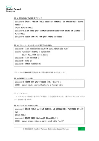 © 2016-2017 Hewlett-Packard Enterprise Japan Co, Ltd. 28
例 31 FOREIGN TABLE をアタッチ
例 32 リモート・インスタンスで実行される SQL
子テーブルが FOREIGN TABLE の場合 INSERT 文が失敗します。
例 33 INSERT 文の失敗
□ インデックス
インデックスの作成は子テーブル単位に行う必要があります。親テーブルにはインデッ
クスを作成できません。
例 34 インデックス作成の失敗
postgres=# CREATE FOREIGN TABLE datar2(c1 NUMERIC, c2 VARCHAR(10)) SERVER
remote1 ;
CREATE FOREIGN TABLE
postgres=# ALTER TABLE pfor1 ATTACH PARTITION datar2 FOR VALUES IN ('data2') ;
ALTER TABLE
postgres=# SELECT COUNT(*) FROM pfor1 WHERE c2='data2' ;
statement: START TRANSACTION ISOLATION LEVEL REPEATABLE READ
execute <unnamed>: DECLARE c1 CURSOR FOR
SELECT NULL FROM public.datar2
statement: FETCH 100 FROM c1
statement: CLOSE c1
statement: COMMIT TRANSACTION
postgres=# INSERT INTO pfor1 VALUES (100, 'data1') ;
ERROR: cannot route inserted tuples to a foreign table
postgres=> CREATE TABLE part1(c1 NUMERIC, c2 VARCHAR(10)) PARTITION BY LIST
(c1) ;
CREATE TABLE
postgres=> CREATE INDEX idx1_part1 ON part1(c1) ;
ERROR: cannot create index on partitioned table "part1"
 