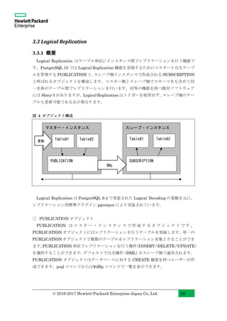 © 2016-2017 Hewlett-Packard Enterprise Japan Co, Ltd. 29
3.3 Logical Replication
3.3.1 概要
Logical Replication はテーブル単位にインスタンス間でレプリケーションを行う機能で
す。PostgreSQL 10 では Logical Replication 機能を実現するためにマスターとなるテーブ
ルを管理する PUBLICATION と、スレーブ側インスタンスで作成される SUBSCRIPTION
と呼ばれるオブジェクトを構成します。マスター側とスレーブ側でスキーマ名も含めて同
一名称のテーブル間でレプリケーションを行います。同等の機能を持つ既存ソフトウェア
には Slony-I がありますが、Logical Replication はトリガーを使用せず、スレーブ側のテー
ブルも更新可能である点が異なります。
図 4 オブジェクト構成
Logical Replication は PostgreSQL 9.4 で実装された Logical Decoding の基盤を元に、
レプリケーション用標準プラグイン pgoutput により実装されています。
□ PUBLICATION オブジェクト
PUBLICATION は マ ス タ ー ・ イ ン ス タ ン ス で 作 成 す る オ ブ ジ ェ ク ト で す 。
PUBLICATION オブジェクトにはレプリケーションを行うテーブルを登録します。単一の
PUBLICATION オブジェクトで複数のテーブルをレプリケーション対象とすることができ
ます。PUBLICATION 単位でレプリケーションを行う操作（INSERT / DELETE / UPDATE）
を選択することができます。デフォルトでは全操作（DML）がスレーブ側で適用されます。
PUBLICATION オブジェクトはデータベースに対する CREATE 権限を持つユーザーが作
成できます。psql コマンドからは¥dRp コマンドで一覧を表示できます。
マスター・インスタンス
Table#1 Table#2
PUBLICATION
スレーブ・インスタンス
Table#1 Table#2
SUBSCRIPTION
更新
WAL
 