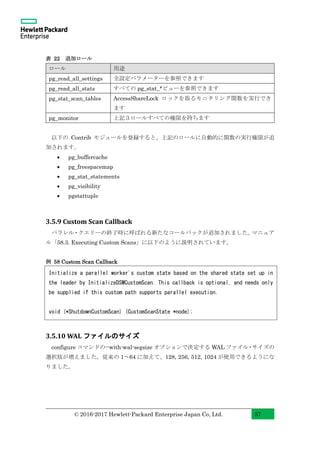 © 2016-2017 Hewlett-Packard Enterprise Japan Co, Ltd. 57
表 22 追加ロール
ロール 用途
pg_read_all_settings 全設定パラメーターを参照できます
pg_read_all_stats すべての pg_stat_*ビューを参照できます
pg_stat_scan_tables AccessShareLock ロックを取るモニタリング関数を実行でき
ます
pg_monitor 上記３ロールすべての権限を持ちます
以下の Contrib モジュールを登録すると、上記のロールに自動的に関数の実行権限が追
加されます。
• pg_buffercache
• pg_freespacemap
• pg_stat_statements
• pg_visibility
• pgstattuple
3.5.9 Custom Scan Callback
パラレル・クエリーの終了時に呼ばれる新たなコールバックが追加されました。マニュア
ル「58.3. Executing Custom Scans」に以下のように説明されています。
例 58 Custom Scan Callback
3.5.10 WAL ファイルのサイズ
configure コマンドの--with-wal-segsize オプションで決定する WAL ファイル・サイズの
選択肢が増えました。従来の 1～64 に加えて、128, 256, 512, 1024 が使用できるようにな
りました。
Initialize a parallel worker's custom state based on the shared state set up in
the leader by InitializeDSMCustomScan. This callback is optional, and needs only
be supplied if this custom path supports parallel execution.
void (*ShutdownCustomScan) (CustomScanState *node);
 
