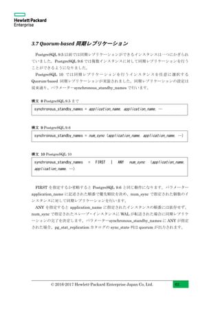 © 2016-2017 Hewlett-Packard Enterprise Japan Co, Ltd. 62
3.7 Quorum-based 同期レプリケーション
PostgreSQL 9.5 以前では同期レプリケーションができるインスタンスは一つにかぎられ
ていました。PostgreSQL 9.6 では複数インスタンスに対して同期レプリケーションを行う
ことができるようになりました。
PostgreSQL 10 では同期レプリケーションを行うインスタンスを任意に選択する
Quorum-based 同期レプリケーションが実装されました。同期レプリケーションの設定は
従来通り、パラメーターsynchronous_standby_names で行います。
構文 8 PostgreSQL 9.5 まで
構文 9 PostgreSQL 9.6
構文 10 PostgreSQL 10
FIRST を指定するか省略すると PostgreSQL 9.6 と同じ動作になります。パラメーター
application_name に記述された順番で優先順位を決め、num_sync で指定された個数のイ
ンスタンスに対して同期レプリケーションを行います。
ANY を指定すると application_name に指定されたインスタンスの順番には依存せず、
num_sync で指定されたスレーブ・インスタンスに WAL が転送された場合に同期レプリケ
ーションの完了を決定します。パラメーターsynchronous_standby_names に ANY が指定
された場合、pg_stat_replication カタログの sync_state 列は quorum が出力されます。
synchronous_standby_names = application_name, application_name, …
synchronous_standby_names = num_sync (application_name, application_name, …)
synchronous_standby_names = FIRST | ANY num_sync (application_name,
application_name, …)
 