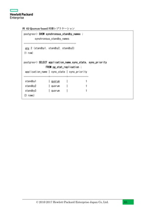 © 2016-2017 Hewlett-Packard Enterprise Japan Co, Ltd. 63
例 62 Quorum-based 同期レプリケーション
postgres=> SHOW synchronous_standby_names ;
synchronous_standby_names
--------------------------------------
any 2 (standby1, standby2, standby3)
(1 row)
postgres=> SELECT application_name,sync_state, sync_priority
FROM pg_stat_replication ;
application_name | sync_state | sync_priority
------------------+------------+---------------
standby1 | quorum | 1
standby2 | quorum | 1
standby3 | quorum | 1
(3 rows)
 