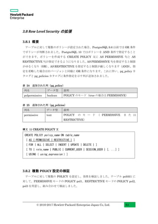 © 2016-2017 Hewlett-Packard Enterprise Japan Co, Ltd. 64
3.8 Row Level Security の拡張
3.8.1 概要
テーブルに対して複数のポリシーが設定された場合、PostgreSQL 9.6 以前では OR 条件
でポリシーが判断されました。PostgreSQL 10 ではポリシーを AND 条件で指定すること
ができます。ポリシーを作成する CREATE POLICY 文に AS PERMISSIVE 句と AS
RESTRICTIVE 句が指定できるようになりました。AS PERMISSIVE 句を指定すると制限
がゆるくなり（OR）、AS RESTRICTIVE を指定すると制限が厳しくなります（AND）。指
定を省略した場合は旧バージョンと同様に OR 条件になります。これに伴い、pg_policy カ
タログと pg_policies カタログに条件指定を示す列が追加されました。
表 24 追加された列（pg_policy）
列名 データ型 説明
polpermissive boolean POLICY のモード（true の場合は PERMISSIVE）
表 25 追加された列（pg_policies）
列名 データ型 説明
permissive text POLICY の モ ー ド （ PERMISSIVE ま た は
RESTRICTIVE）
構文 11 CREATE POLICY 文
3.8.2 複数 POLICY 設定の検証
テーブルに対して複数の POLICY を設定し、効果を検証しました。テーブル poltbl1 に
対して、PERMISSIVE モードの POLICY pol1、RESTRICTIVE モードの POLICY pol2,
pol3 を用意し、組み合わせて検証しました。
CREATE POLICY policy_name ON table_name
[ AS { PERMISSIVE | RESTRICTIVE } ]
[ FOR { ALL | SELECT | INSERT | UPDATE | DELETE } ]
[ TO { role_name | PUBLIC | CURRENT_USER | SESSION_USER } [, ...] ]
[ USING ( using_expression ) ]
 