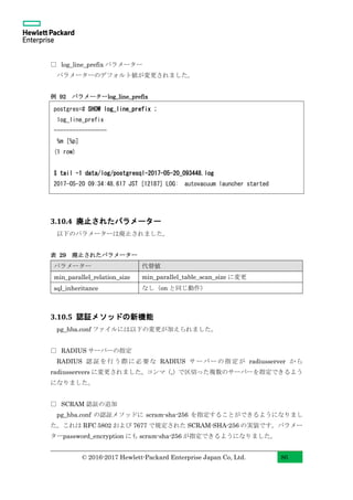 © 2016-2017 Hewlett-Packard Enterprise Japan Co, Ltd. 86
□ log_line_prefix パラメーター
パラメーターのデフォルト値が変更されました。
例 92 パラメーターlog_line_prefix
3.10.4 廃止されたパラメーター
以下のパラメーターは廃止されました。
表 29 廃止されたパラメーター
パラメーター 代替値
min_parallel_relation_size min_parallel_table_scan_size に変更
sql_inheritance なし（on と同じ動作）
3.10.5 認証メソッドの新機能
pg_hba.conf ファイルには以下の変更が加えられました。
□ RADIUS サーバーの指定
RADIUS 認証を行う際に必要な RADIUS サーバーの指定が radiusserver から
radiusservers に変更されました。コンマ（,）で区切った複数のサーバーを指定できるよう
になりました。
□ SCRAM 認証の追加
pg_hba.conf の認証メソッドに scram-sha-256 を指定することができるようになりまし
た。これは RFC 5802 および 7677 で規定された SCRAM-SHA-256 の実装です。パラメー
ターpassword_encryption にも scram-sha-256 が指定できるようになりました。
postgres=# SHOW log_line_prefix ;
log_line_prefix
-----------------
%m [%p]
(1 row)
$ tail -1 data/log/postgresql-2017-05-20_093448.log
2017-05-20 09:34:48.617 JST [12187] LOG: autovacuum launcher started
 