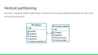 Vertical partitioning
Involves creating tables with fewer columns and using additional tables to store the
remaining columns
 