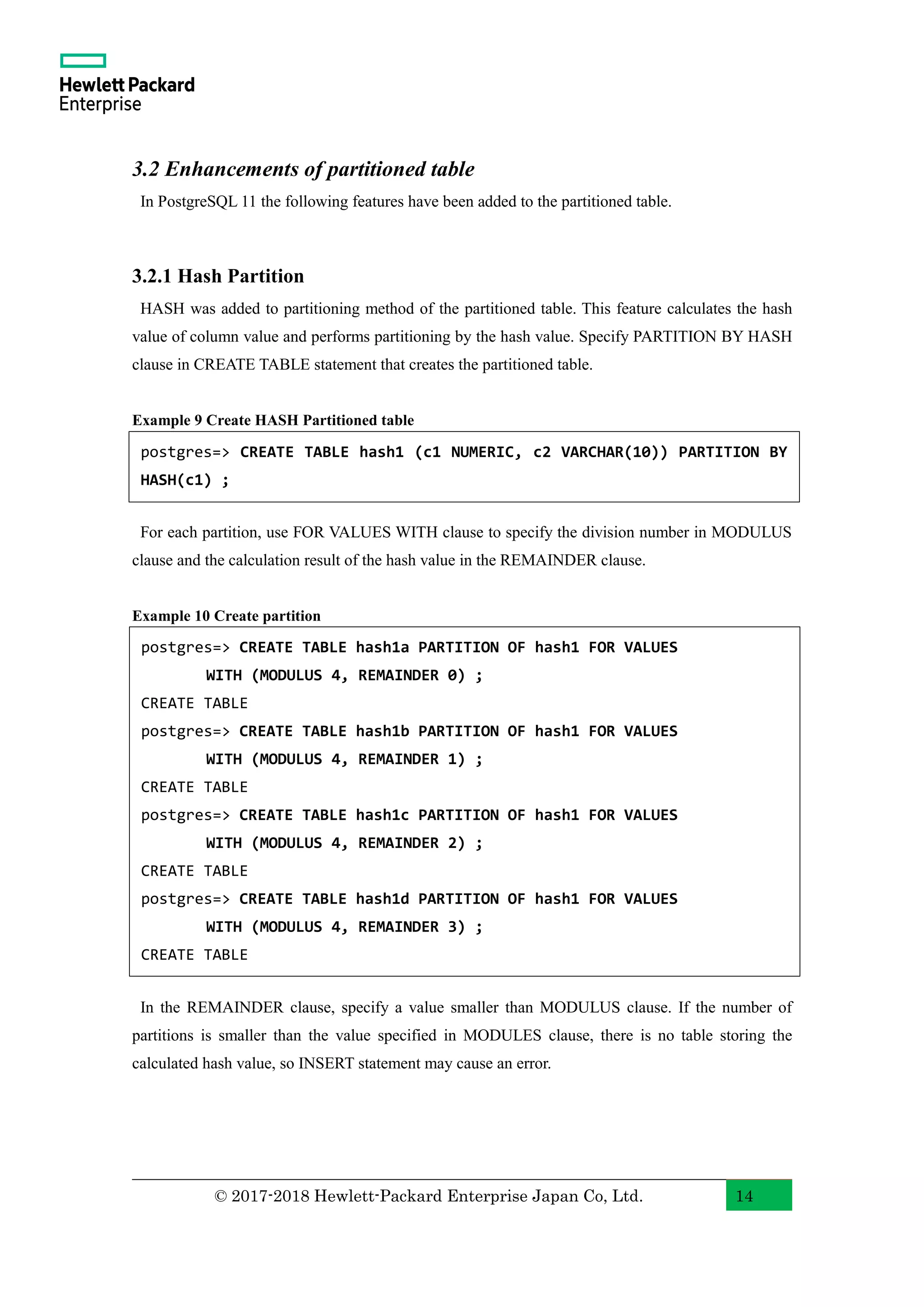 © 2017-2018 Hewlett-Packard Enterprise Japan Co, Ltd. 14 3.2 Enhancements of partitioned table In PostgreSQL 11 the following features have been added to the partitioned table. 3.2.1 Hash Partition HASH was added to partitioning method of the partitioned table. This feature calculates the hash value of column value and performs partitioning by the hash value. Specify PARTITION BY HASH clause in CREATE TABLE statement that creates the partitioned table. Example 9 Create HASH Partitioned table For each partition, use FOR VALUES WITH clause to specify the division number in MODULUS clause and the calculation result of the hash value in the REMAINDER clause. Example 10 Create partition In the REMAINDER clause, specify a value smaller than MODULUS clause. If the number of partitions is smaller than the value specified in MODULES clause, there is no table storing the calculated hash value, so INSERT statement may cause an error. postgres=> CREATE TABLE hash1 (c1 NUMERIC, c2 VARCHAR(10)) PARTITION BY HASH(c1) ; CREATE TABLE postgres=> CREATE TABLE hash1a PARTITION OF hash1 FOR VALUES WITH (MODULUS 4, REMAINDER 0) ; CREATE TABLE postgres=> CREATE TABLE hash1b PARTITION OF hash1 FOR VALUES WITH (MODULUS 4, REMAINDER 1) ; CREATE TABLE postgres=> CREATE TABLE hash1c PARTITION OF hash1 FOR VALUES WITH (MODULUS 4, REMAINDER 2) ; CREATE TABLE postgres=> CREATE TABLE hash1d PARTITION OF hash1 FOR VALUES WITH (MODULUS 4, REMAINDER 3) ; CREATE TABLE 
