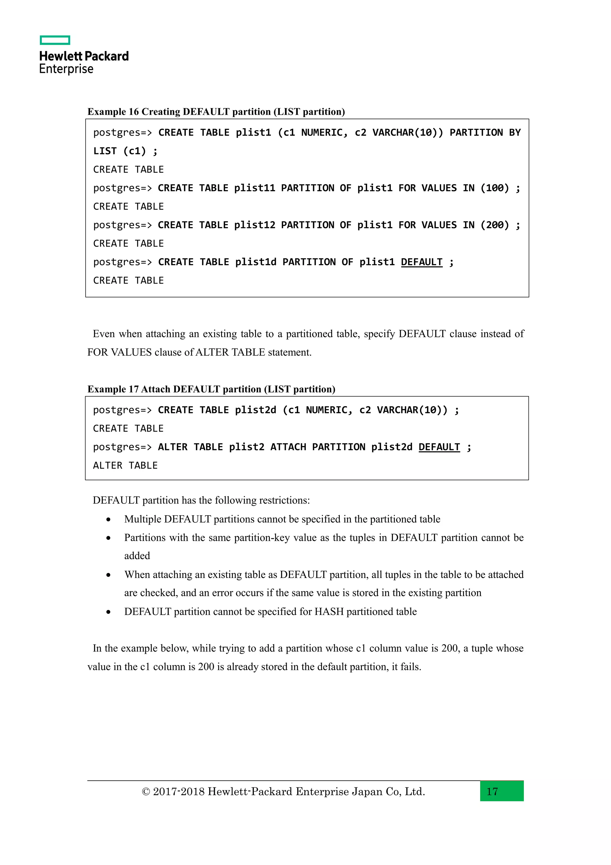 © 2017-2018 Hewlett-Packard Enterprise Japan Co, Ltd. 17 Example 16 Creating DEFAULT partition (LIST partition) Even when attaching an existing table to a partitioned table, specify DEFAULT clause instead of FOR VALUES clause of ALTER TABLE statement. Example 17 Attach DEFAULT partition (LIST partition) DEFAULT partition has the following restrictions: • Multiple DEFAULT partitions cannot be specified in the partitioned table • Partitions with the same partition-key value as the tuples in DEFAULT partition cannot be added • When attaching an existing table as DEFAULT partition, all tuples in the table to be attached are checked, and an error occurs if the same value is stored in the existing partition • DEFAULT partition cannot be specified for HASH partitioned table In the example below, while trying to add a partition whose c1 column value is 200, a tuple whose value in the c1 column is 200 is already stored in the default partition, it fails. postgres=> CREATE TABLE plist1 (c1 NUMERIC, c2 VARCHAR(10)) PARTITION BY LIST (c1) ; CREATE TABLE postgres=> CREATE TABLE plist11 PARTITION OF plist1 FOR VALUES IN (100) ; CREATE TABLE postgres=> CREATE TABLE plist12 PARTITION OF plist1 FOR VALUES IN (200) ; CREATE TABLE postgres=> CREATE TABLE plist1d PARTITION OF plist1 DEFAULT ; CREATE TABLE postgres=> CREATE TABLE plist2d (c1 NUMERIC, c2 VARCHAR(10)) ; CREATE TABLE postgres=> ALTER TABLE plist2 ATTACH PARTITION plist2d DEFAULT ; ALTER TABLE 