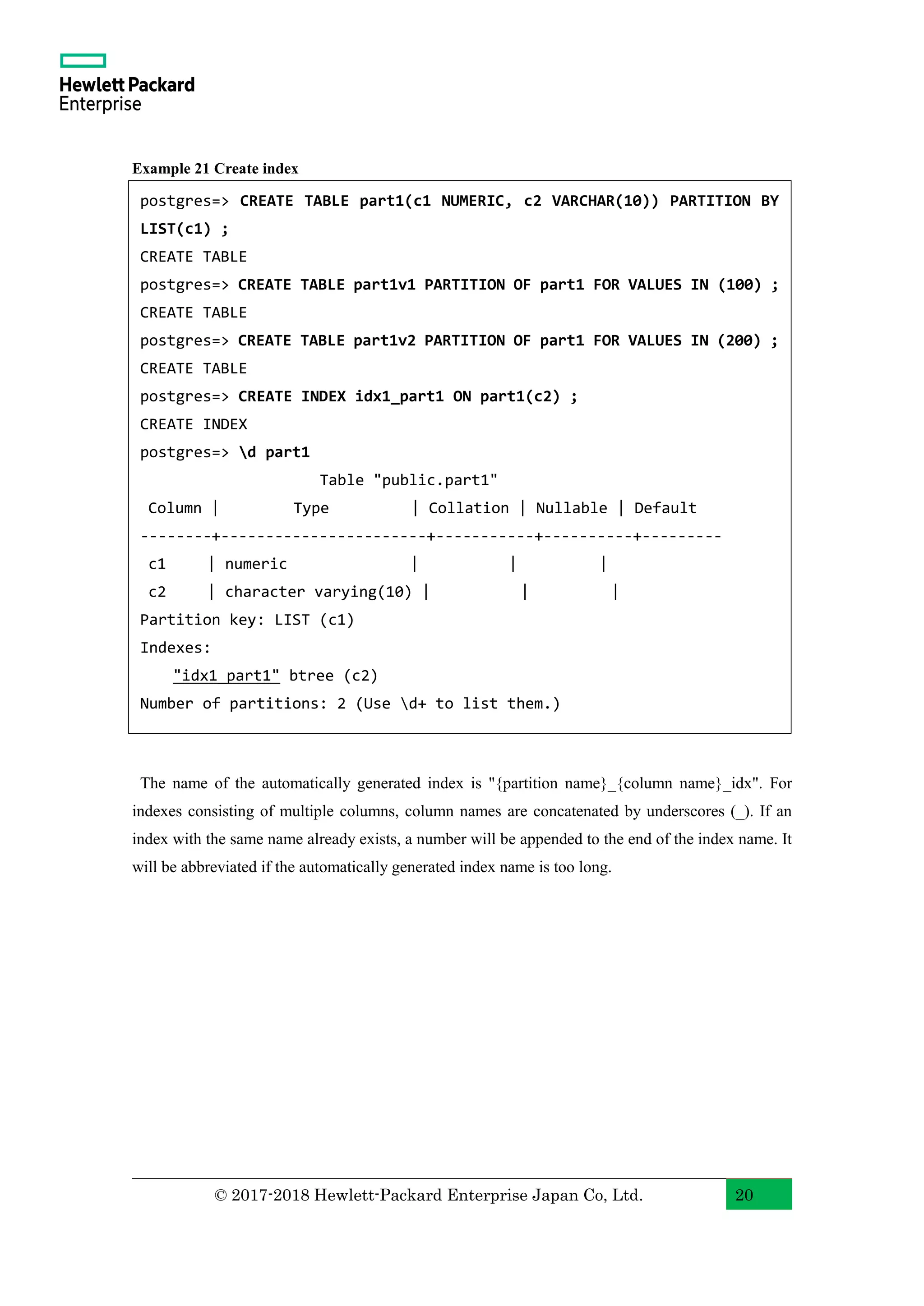 © 2017-2018 Hewlett-Packard Enterprise Japan Co, Ltd. 20 Example 21 Create index The name of the automatically generated index is "{partition name}_{column name}_idx". For indexes consisting of multiple columns, column names are concatenated by underscores (_). If an index with the same name already exists, a number will be appended to the end of the index name. It will be abbreviated if the automatically generated index name is too long. postgres=> CREATE TABLE part1(c1 NUMERIC, c2 VARCHAR(10)) PARTITION BY LIST(c1) ; CREATE TABLE postgres=> CREATE TABLE part1v1 PARTITION OF part1 FOR VALUES IN (100) ; CREATE TABLE postgres=> CREATE TABLE part1v2 PARTITION OF part1 FOR VALUES IN (200) ; CREATE TABLE postgres=> CREATE INDEX idx1_part1 ON part1(c2) ; CREATE INDEX postgres=> d part1 Table "public.part1" Column | Type | Collation | Nullable | Default --------+-----------------------+-----------+----------+--------- c1 | numeric | | | c2 | character varying(10) | | | Partition key: LIST (c1) Indexes: "idx1_part1" btree (c2) Number of partitions: 2 (Use d+ to list them.) 