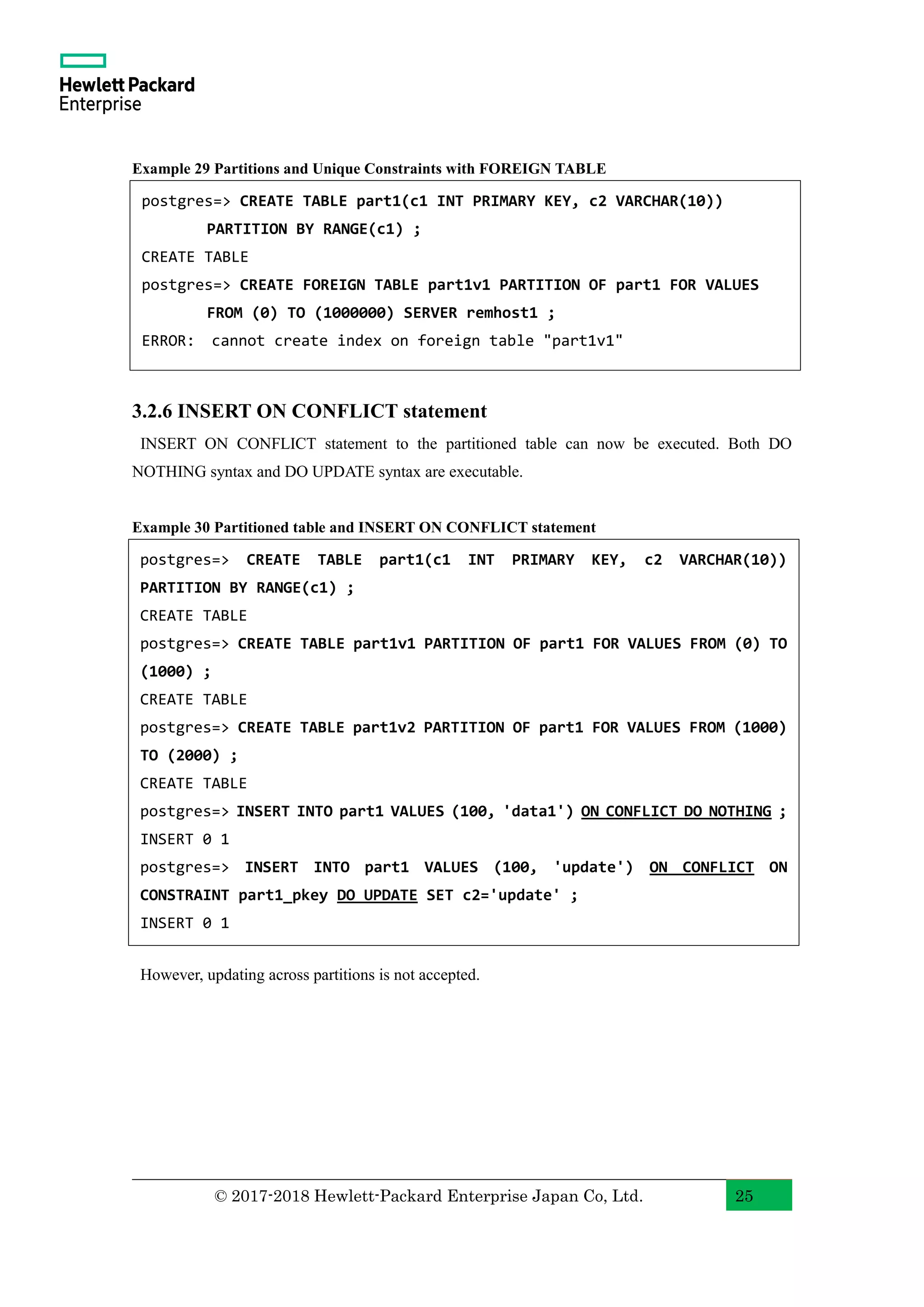 © 2017-2018 Hewlett-Packard Enterprise Japan Co, Ltd. 25 Example 29 Partitions and Unique Constraints with FOREIGN TABLE 3.2.6 INSERT ON CONFLICT statement INSERT ON CONFLICT statement to the partitioned table can now be executed. Both DO NOTHING syntax and DO UPDATE syntax are executable. Example 30 Partitioned table and INSERT ON CONFLICT statement However, updating across partitions is not accepted. postgres=> CREATE TABLE part1(c1 INT PRIMARY KEY, c2 VARCHAR(10)) PARTITION BY RANGE(c1) ; CREATE TABLE postgres=> CREATE TABLE part1v1 PARTITION OF part1 FOR VALUES FROM (0) TO (1000) ; CREATE TABLE postgres=> CREATE TABLE part1v2 PARTITION OF part1 FOR VALUES FROM (1000) TO (2000) ; CREATE TABLE postgres=> INSERT INTO part1 VALUES (100, 'data1') ON CONFLICT DO NOTHING ; INSERT 0 1 postgres=> INSERT INTO part1 VALUES (100, 'update') ON CONFLICT ON CONSTRAINT part1_pkey DO UPDATE SET c2='update' ; INSERT 0 1 postgres=> CREATE TABLE part1(c1 INT PRIMARY KEY, c2 VARCHAR(10)) PARTITION BY RANGE(c1) ; CREATE TABLE postgres=> CREATE FOREIGN TABLE part1v1 PARTITION OF part1 FOR VALUES FROM (0) TO (1000000) SERVER remhost1 ; ERROR: cannot create index on foreign table "part1v1" 