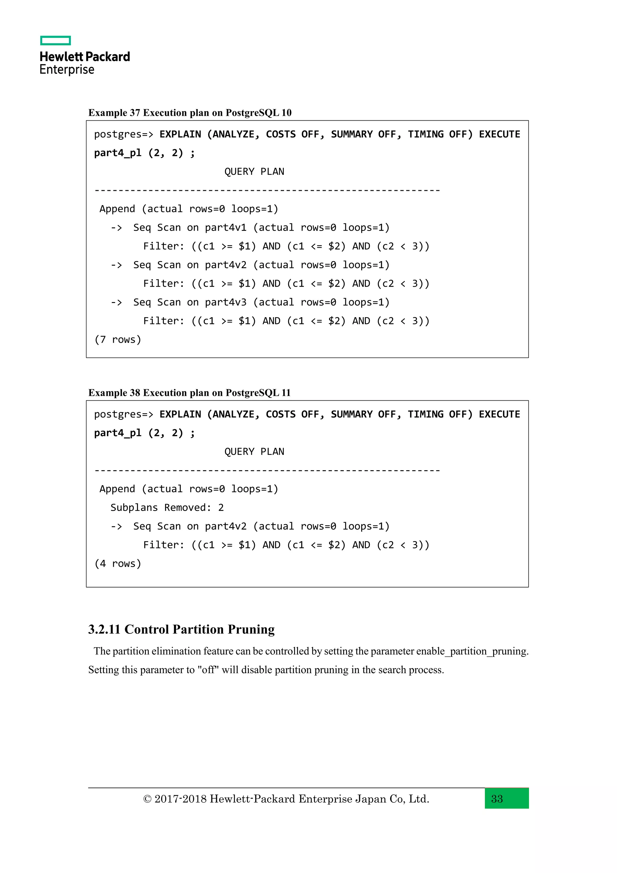 © 2017-2018 Hewlett-Packard Enterprise Japan Co, Ltd. 33 Example 37 Execution plan on PostgreSQL 10 Example 38 Execution plan on PostgreSQL 11 3.2.11 Control Partition Pruning The partition elimination feature can be controlled by setting the parameter enable_partition_pruning. Setting this parameter to "off" will disable partition pruning in the search process. postgres=> EXPLAIN (ANALYZE, COSTS OFF, SUMMARY OFF, TIMING OFF) EXECUTE part4_pl (2, 2) ; QUERY PLAN ---------------------------------------------------------- Append (actual rows=0 loops=1) -> Seq Scan on part4v1 (actual rows=0 loops=1) Filter: ((c1 >= $1) AND (c1 <= $2) AND (c2 < 3)) -> Seq Scan on part4v2 (actual rows=0 loops=1) Filter: ((c1 >= $1) AND (c1 <= $2) AND (c2 < 3)) -> Seq Scan on part4v3 (actual rows=0 loops=1) Filter: ((c1 >= $1) AND (c1 <= $2) AND (c2 < 3)) (7 rows) postgres=> EXPLAIN (ANALYZE, COSTS OFF, SUMMARY OFF, TIMING OFF) EXECUTE part4_pl (2, 2) ; QUERY PLAN ---------------------------------------------------------- Append (actual rows=0 loops=1) Subplans Removed: 2 -> Seq Scan on part4v2 (actual rows=0 loops=1) Filter: ((c1 >= $1) AND (c1 <= $2) AND (c2 < 3)) (4 rows) 