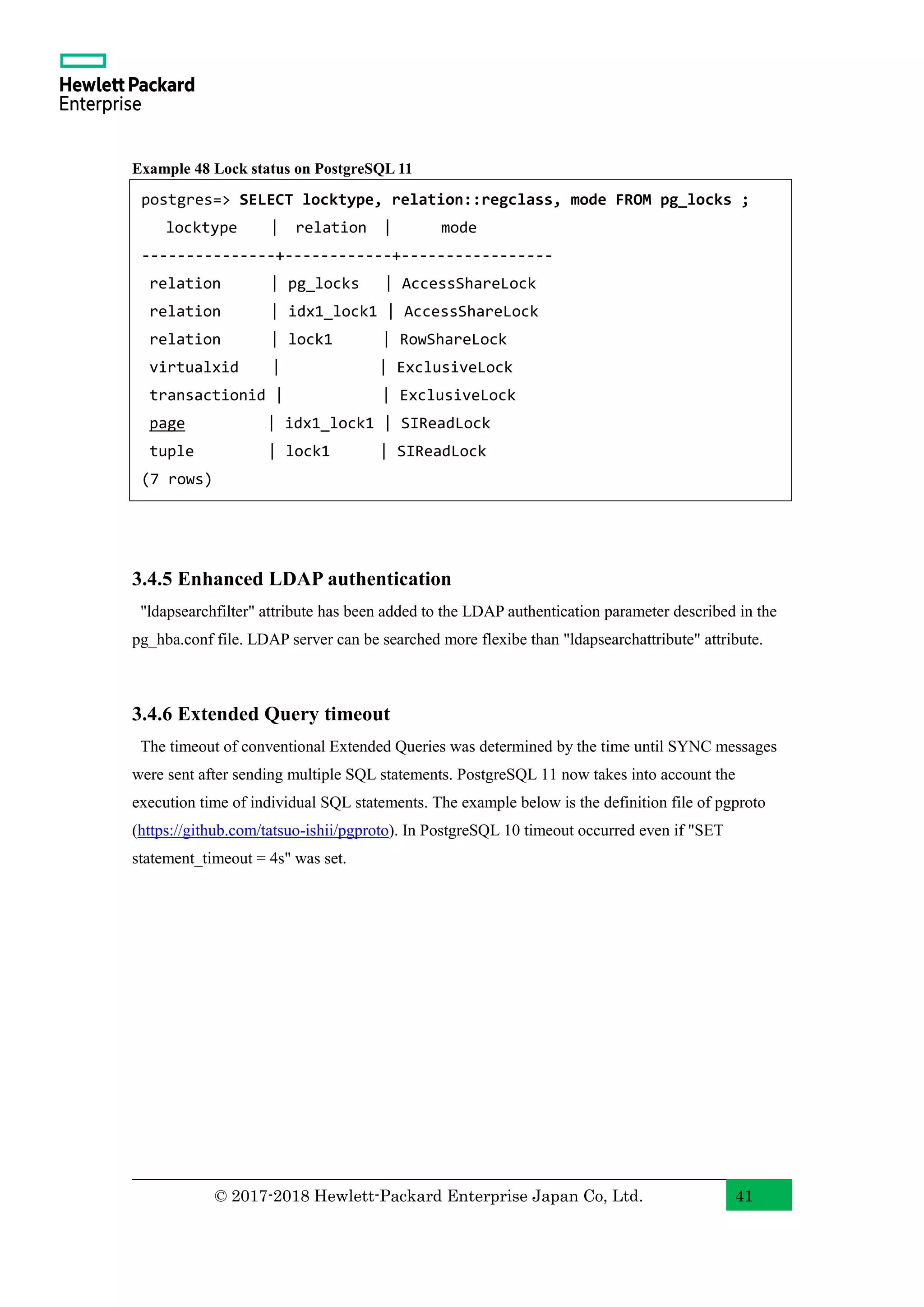© 2017-2018 Hewlett-Packard Enterprise Japan Co, Ltd. 41 Example 48 Lock status on PostgreSQL 11 3.4.5 Enhanced LDAP authentication "ldapsearchfilter" attribute has been added to the LDAP authentication parameter described in the pg_hba.conf file. LDAP server can be searched more flexibe than "ldapsearchattribute" attribute. 3.4.6 Extended Query timeout The timeout of conventional Extended Queries was determined by the time until SYNC messages were sent after sending multiple SQL statements. PostgreSQL 11 now takes into account the execution time of individual SQL statements. The example below is the definition file of pgproto (https://github.com/tatsuo-ishii/pgproto). In PostgreSQL 10 timeout occurred even if "SET statement_timeout = 4s" was set. postgres=> SELECT locktype, relation::regclass, mode FROM pg_locks ; locktype | relation | mode ---------------+------------+----------------- relation | pg_locks | AccessShareLock relation | idx1_lock1 | AccessShareLock relation | lock1 | RowShareLock virtualxid | | ExclusiveLock transactionid | | ExclusiveLock page | idx1_lock1 | SIReadLock tuple | lock1 | SIReadLock (7 rows) 