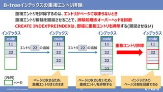 10© 2020 NTT DATA Corporation
B-treeインデックスの重複エントリ排除
code
11
22
code
11
22
22
code
11
22
22
22
code
11
22
エントリ 22 の追加 エントリ 22 の追加
重複エントリ排除
ページに収まるため、
重複エントリはそのまま
ページに収まらないため、
重複エントリを排除するページ
インデックスの
ページ分割を回避できる
(凡例)
重複エントリを排除するのは、エントリがページに収まらないとき
重複エントリ排除を遅延させることで、排除処理のオーバーヘッドを回避
CREATE INDEXやREINDEXは、即座に重複エントリを排除する(遅延させない)
インデックス インデックス インデックス インデックス
 