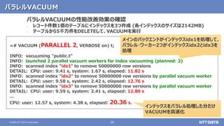 28© 2020 NTT DATA Corporation
パラレルVACUUM
=# VACUUM (PARALLEL 2, VERBOSE on) t;
INFO: vacuuming "public.t"
INFO: launched 2 parallel vacuum workers for index vacuuming (planned: 2)
INFO: scanned index "idx1" to remove 50000000 row versions
DETAIL: CPU: user: 9.41 s, system: 1.67 s, elapsed: 11.82 s
INFO: scanned index "idx2" to remove 50000000 row versions by parallel vacuum worker
DETAIL: CPU: user: 9.58 s, system: 2.42 s, elapsed: 12.76 s
INFO: scanned index "idx3" to remove 50000000 row versions by parallel vacuum worker
DETAIL: CPU: user: 9.59 s, system: 2.41 s, elapsed: 12.80 s
...
CPU: user: 12.57 s, system: 4.38 s, elapsed: 20.36 s.
パラレルVACUUMの性能改善効果の確認
‐ レコード件数1億のテーブルにインデックスを3つ作成 (各インデックスのサイズは2142MB)
‐ テーブルから5千万件をDELETEして、VACUUMを実行
インデックスをパラレル処理した分だけ
VACUUMを高速化
メインのバックエンドがインデックスidx1を処理して、
パラレル・ワーカー2つがインデックスidx2とidx3を
処理
 