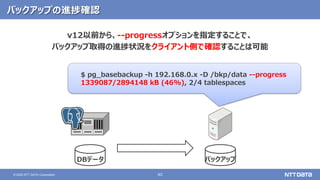 40© 2020 NTT DATA Corporation
バックアップの進捗確認
v12以前から、--progressオプションを指定することで、
バックアップ取得の進捗状況をクライアント側で確認することは可能
$ pg_basebackup -h 192.168.0.x -D /bkp/data --progress
1339087/2894148 kB (46%), 2/4 tablespaces
バックアップDBデータ
 