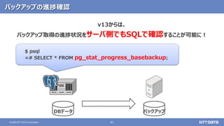41© 2020 NTT DATA Corporation
バックアップの進捗確認
v13からは、
バックアップ取得の進捗状況をサーバ側でもSQLで確認することが可能に！
$ psql
=# SELECT * FROM pg_stat_progress_basebackup;
バックアップDBデータ
 
