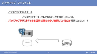 45© 2020 NTT DATA Corporation
バックアップ・マニフェスト
バックアップをリストアしてDBデータを復旧したいとき、
バックアップがリストアできる正常状態なのか、破損しているのか判断つかない！？
バックアップ
バックアップで困るケース
 