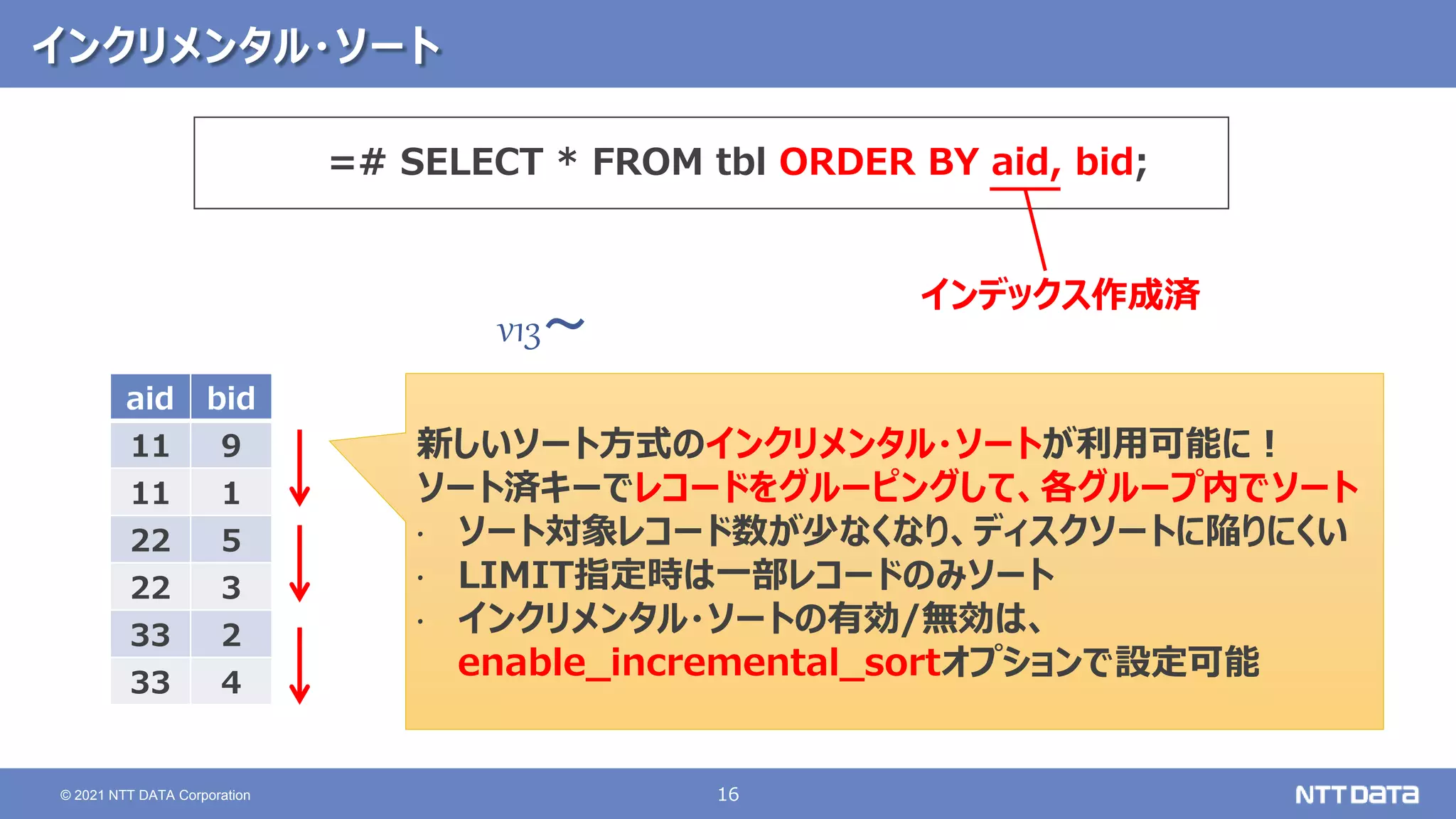 16
© 2021 NTT DATA Corporation
インクリメンタル・ソート
v13～
新しいソート方式のインクリメンタル・ソートが利用可能に！
ソート済キーでレコードをグルーピングして、各グループ内でソート
• ソート対象レコード数が少なくなり、ディスクソートに陥りにくい
• LIMIT指定時は一部レコードのみソート
• インクリメンタル・ソートの有効/無効は、
enable_incremental_sortオプションで設定可能
=# SELECT * FROM tbl ORDER BY aid, bid;
aid bid
11 9
11 1
22 5
22 3
33 2
33 4
インデックス作成済
 