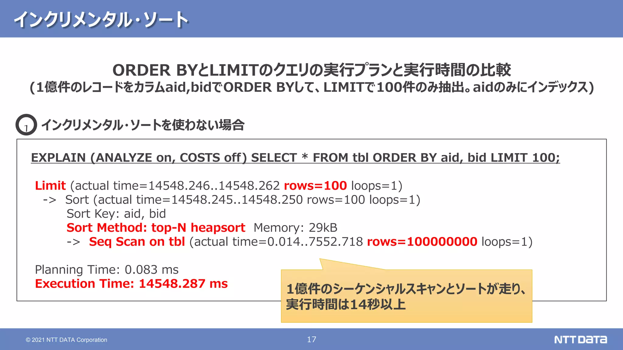 17
© 2021 NTT DATA Corporation
インクリメンタル・ソート
EXPLAIN (ANALYZE on, COSTS off) SELECT * FROM tbl ORDER BY aid, bid LIMIT 100;
Limit (actual time=14548.246..14548.262 rows=100 loops=1)
-> Sort (actual time=14548.245..14548.250 rows=100 loops=1)
Sort Key: aid, bid
Sort Method: top-N heapsort Memory: 29kB
-> Seq Scan on tbl (actual time=0.014..7552.718 rows=100000000 loops=1)
Planning Time: 0.083 ms
Execution Time: 14548.287 ms
ORDER BYとLIMITのクエリの実行プランと実行時間の比較
(1億件のレコードをカラムaid,bidでORDER BYして、LIMITで100件のみ抽出。aidのみにインデックス)
1億件のシーケンシャルスキャンとソートが走り、
実行時間は14秒以上
インクリメンタル・ソートを使わない場合
1
 