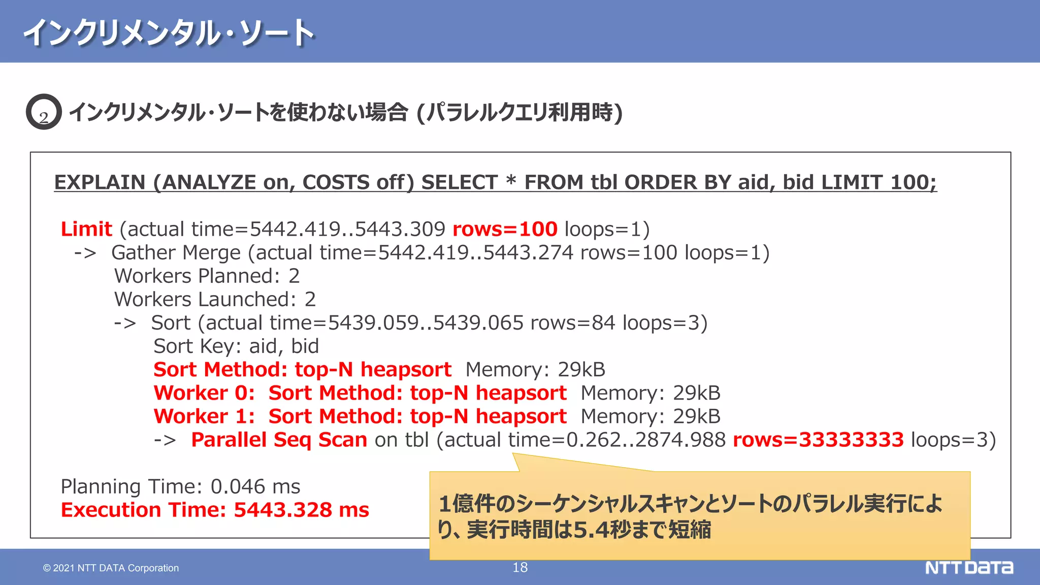 18
© 2021 NTT DATA Corporation
インクリメンタル・ソート
EXPLAIN (ANALYZE on, COSTS off) SELECT * FROM tbl ORDER BY aid, bid LIMIT 100;
Limit (actual time=5442.419..5443.309 rows=100 loops=1)
-> Gather Merge (actual time=5442.419..5443.274 rows=100 loops=1)
Workers Planned: 2
Workers Launched: 2
-> Sort (actual time=5439.059..5439.065 rows=84 loops=3)
Sort Key: aid, bid
Sort Method: top-N heapsort Memory: 29kB
Worker 0: Sort Method: top-N heapsort Memory: 29kB
Worker 1: Sort Method: top-N heapsort Memory: 29kB
-> Parallel Seq Scan on tbl (actual time=0.262..2874.988 rows=33333333 loops=3)
Planning Time: 0.046 ms
Execution Time: 5443.328 ms
インクリメンタル・ソートを使わない場合 (パラレルクエリ利用時)
2
1億件のシーケンシャルスキャンとソートのパラレル実行によ
り、実行時間は5.4秒まで短縮
 