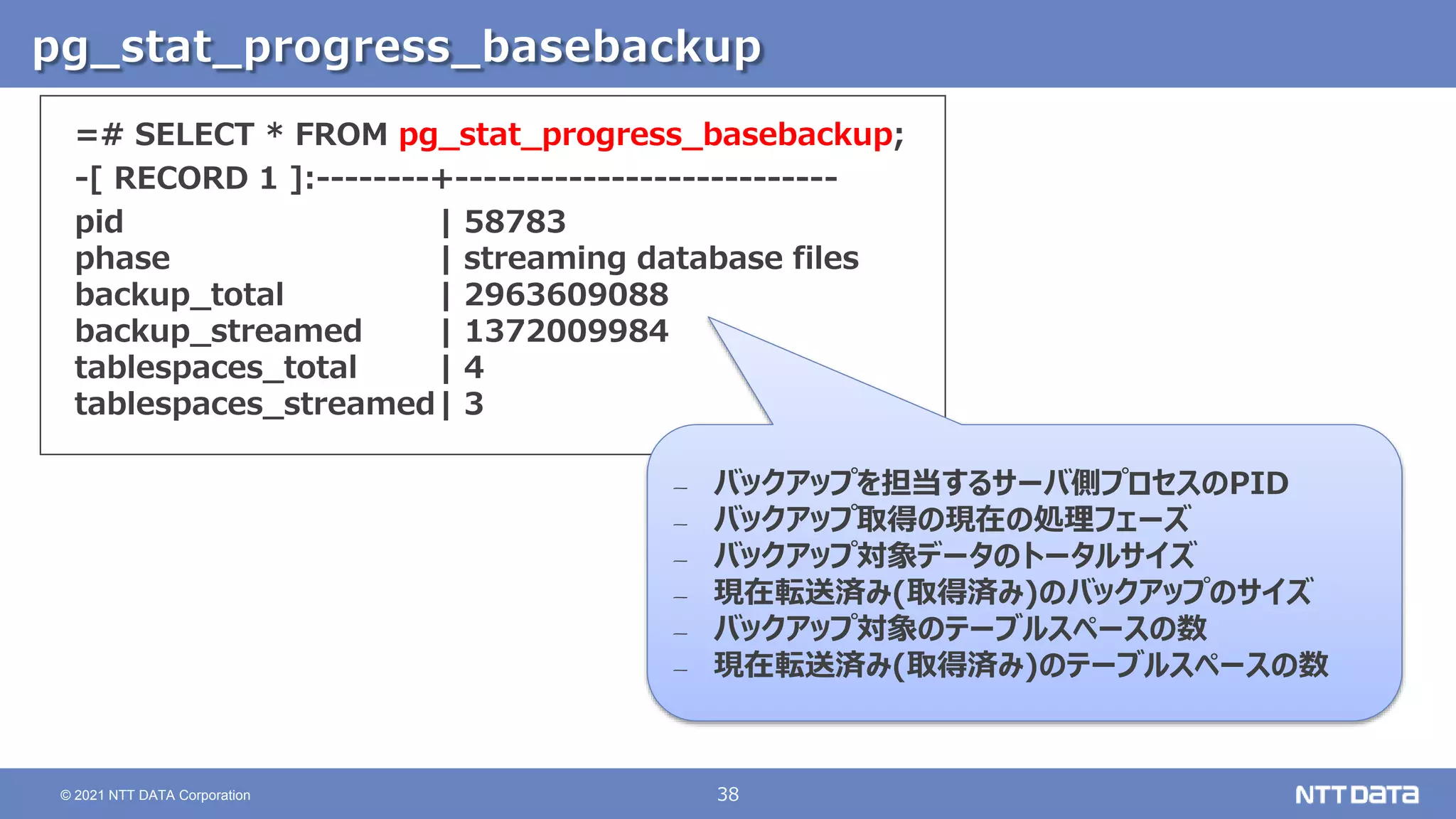 38
© 2021 NTT DATA Corporation
pg_stat_progress_basebackup
=# SELECT * FROM pg_stat_progress_basebackup;
-[ RECORD 1 ]:--------+---------------------------
pid | 58783
phase | streaming database files
backup_total | 2963609088
backup_streamed | 1372009984
tablespaces_total | 4
tablespaces_streamed| 3
– バックアップを担当するサーバ側プロセスのPID
– バックアップ取得の現在の処理フェーズ
– バックアップ対象データのトータルサイズ
– 現在転送済み(取得済み)のバックアップのサイズ
– バックアップ対象のテーブルスペースの数
– 現在転送済み(取得済み)のテーブルスペースの数
 