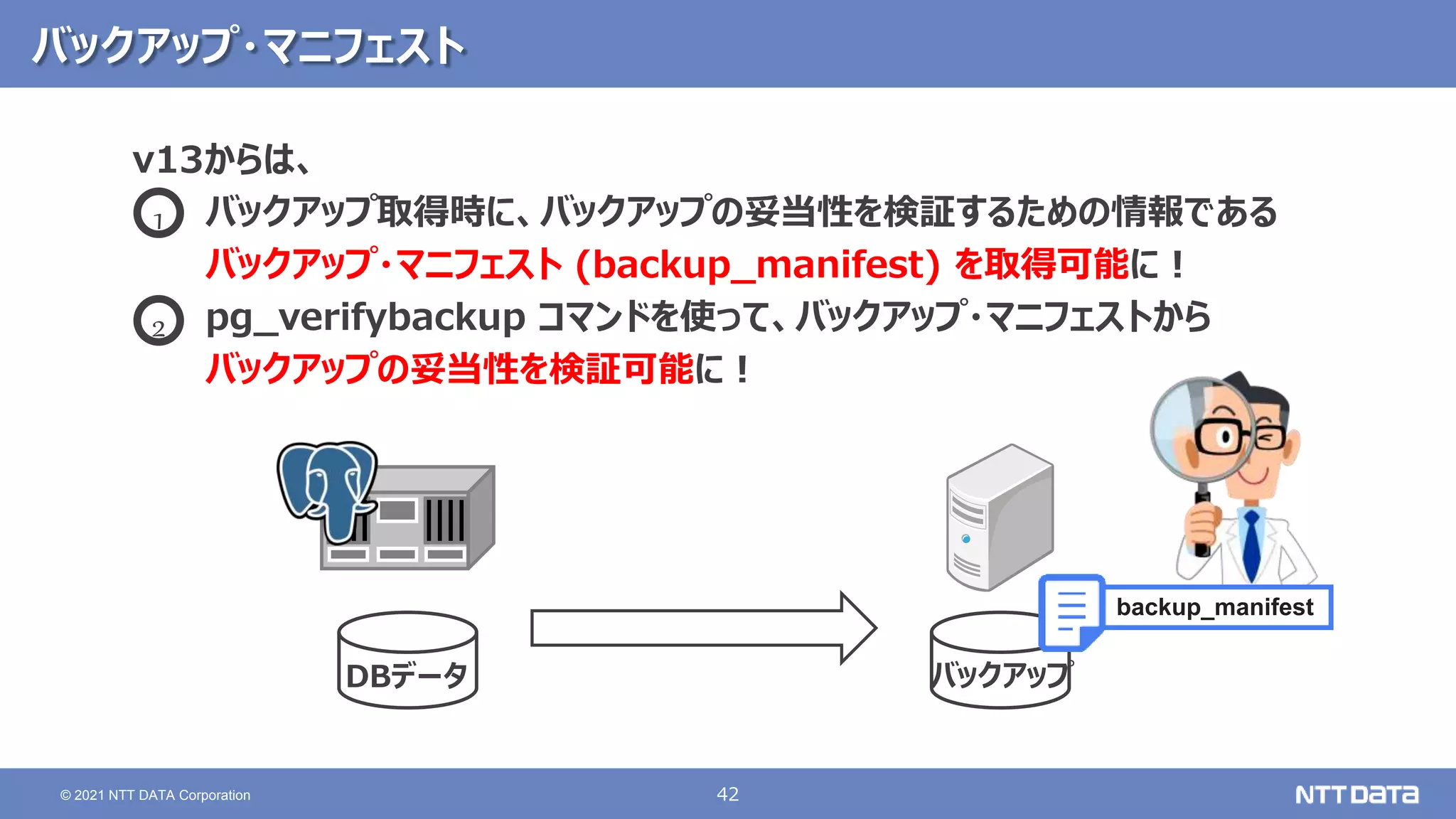 42
© 2021 NTT DATA Corporation
バックアップ・マニフェスト
v13からは、
バックアップ取得時に、バックアップの妥当性を検証するための情報である
バックアップ・マニフェスト (backup_manifest) を取得可能に！
pg_verifybackup コマンドを使って、バックアップ・マニフェストから
バックアップの妥当性を検証可能に！
バックアップ
DBデータ
1
2
backup_manifest
 