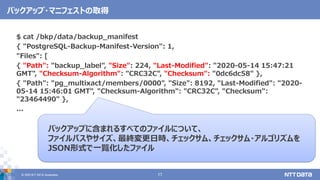 &copy; 2020 NTT DATA Corporation 17
バックアップ・マニフェストの取得
$ cat /bkp/data/backup_manifest
{ "PostgreSQL-Backup-Manifest-Version": 1,
"Files": [
{ "Path": "backup_label", "Size": 224, "Last-Modified": "2020-05-14 15:47:21
GMT", "Checksum-Algorithm": "CRC32C", "Checksum": "0dc6dc58" },
{ "Path": "pg_multixact/members/0000", "Size": 8192, "Last-Modified": "2020-
05-14 15:46:01 GMT", "Checksum-Algorithm": "CRC32C", "Checksum":
"23464490" },
...
バックアップに含まれるすべてのファイルについて、
ファイルパスやサイズ、最終変更日時、チェックサム、チェックサム・アルゴリズムを
JSON形式で一覧化したファイル
 