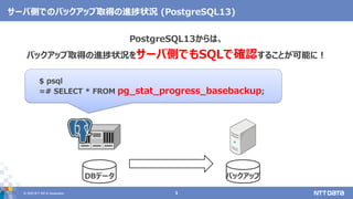 &copy; 2020 NTT DATA Corporation 9
サーバ側でのバックアップ取得の進捗状況 (PostgreSQL13)
PostgreSQL13からは、
バックアップ取得の進捗状況をサーバ側でもSQLで確認することが可能に！
$ psql
=# SELECT * FROM pg_stat_progress_basebackup;
バックアップDBデータ
 