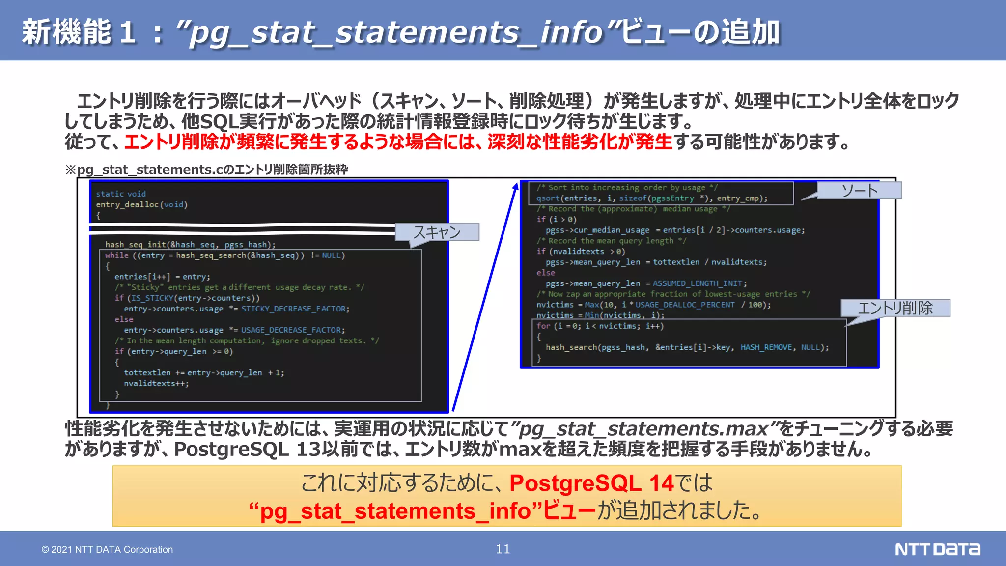 11
© 2021 NTT DATA Corporation
新機能１：”pg_stat_statements_info”ビューの追加
エントリ削除を行う際にはオーバヘッド（スキャン、ソート、削除処理）が発生しますが、処理中にエントリ全体をロック
してしまうため、他SQL実行があった際の統計情報登録時にロック待ちが生じます。
従って、エントリ削除が頻繁に発生するような場合には、深刻な性能劣化が発生する可能性があります。
※pg_stat_statements.cのエントリ削除箇所抜粋
性能劣化を発生させないためには、実運用の状況に応じて”pg_stat_statements.max”をチューニングする必要
がありますが、PostgreSQL 13以前では、エントリ数がmaxを超えた頻度を把握する手段がありません。
これに対応するために、PostgreSQL 14では
“pg_stat_statements_info”ビューが追加されました。
ソート
エントリ削除
スキャン
 